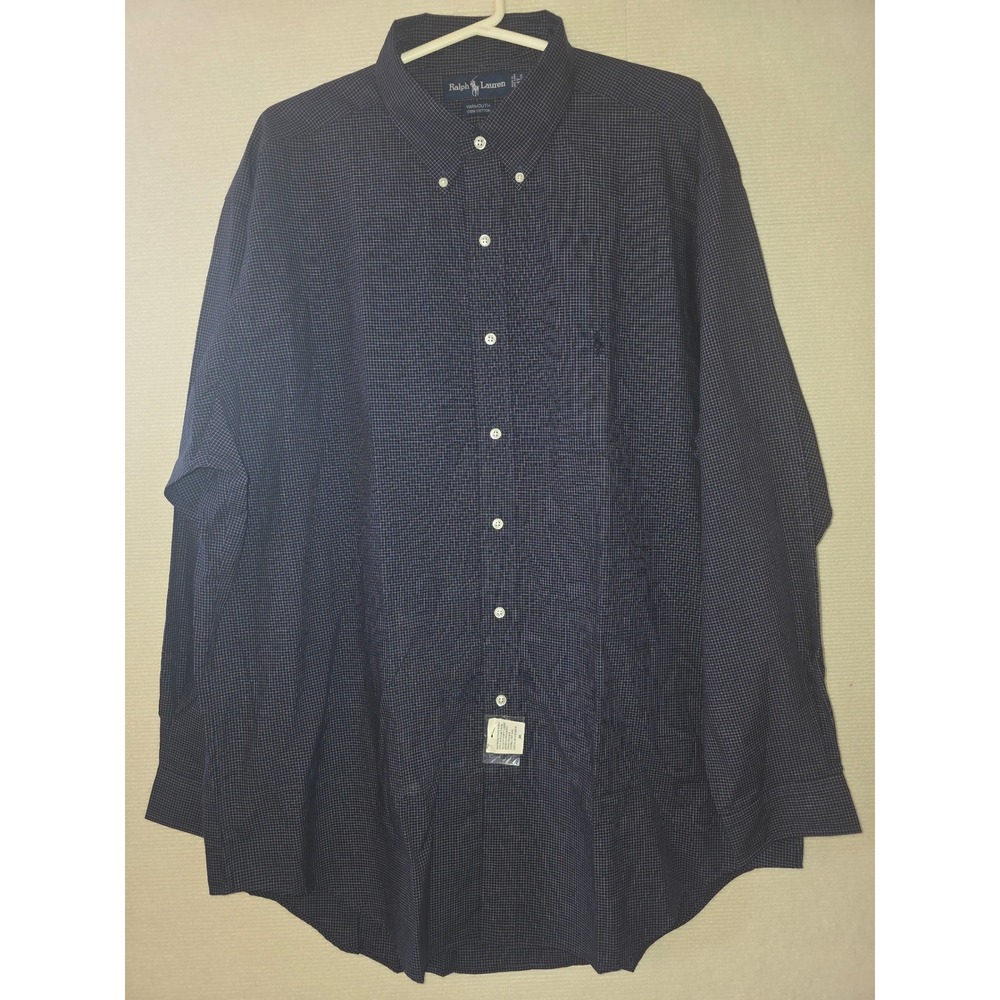 Ralph Lauren Yarmouth Mens 17 34/35 Navy White Micro Check Cotton Dress Shirt